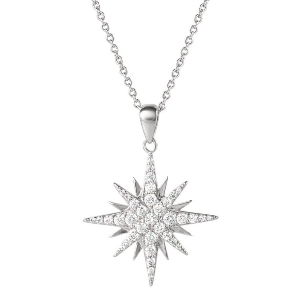 Fine Siver Plated Brass Cubic Zirconia Starburst Pendant, 18" + 2" Ext Chain